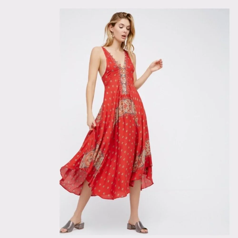 Free People Faithfully Yours V Neck Slip Dress Maxi Red Paisley Boho Hippie XS